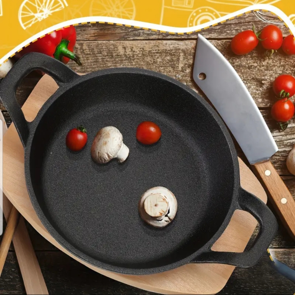 1 Double Handle Cast Iron Skillet & Wooden Tray Set - NWOB - Picture 4 of 10